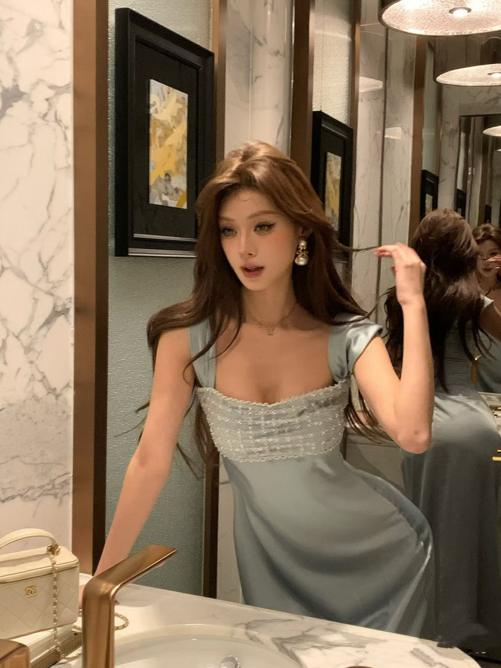 Dress Early Spring New French Palace Satin Rhinestone Noble Long Skirt Sleeveless Dress