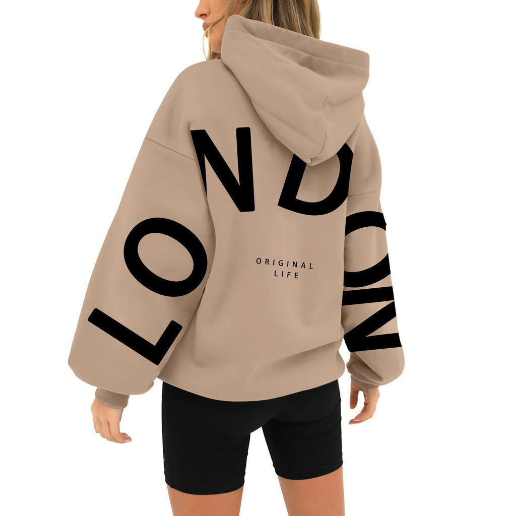 Polyester Printed Long-Sleeve Loose Hooded Sweatshirt