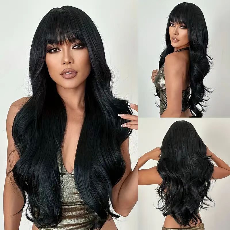 Women's Long Curly Hair Fluffy Natural Easy Care Black High Temperature Silk Chemical Fiber Wig Full Head Cover