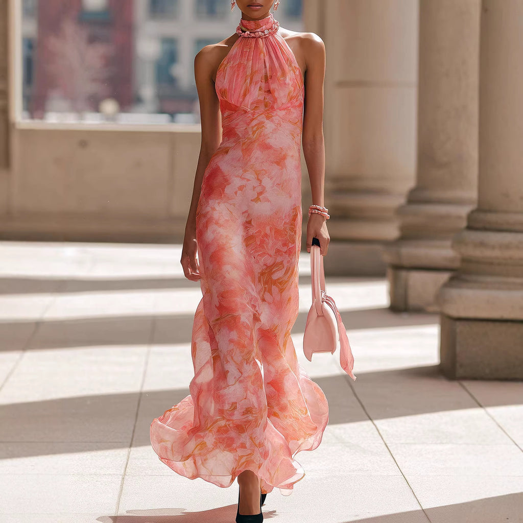 Polyester Women's Holiday Style Sleeveless Round Neck Printed Dress