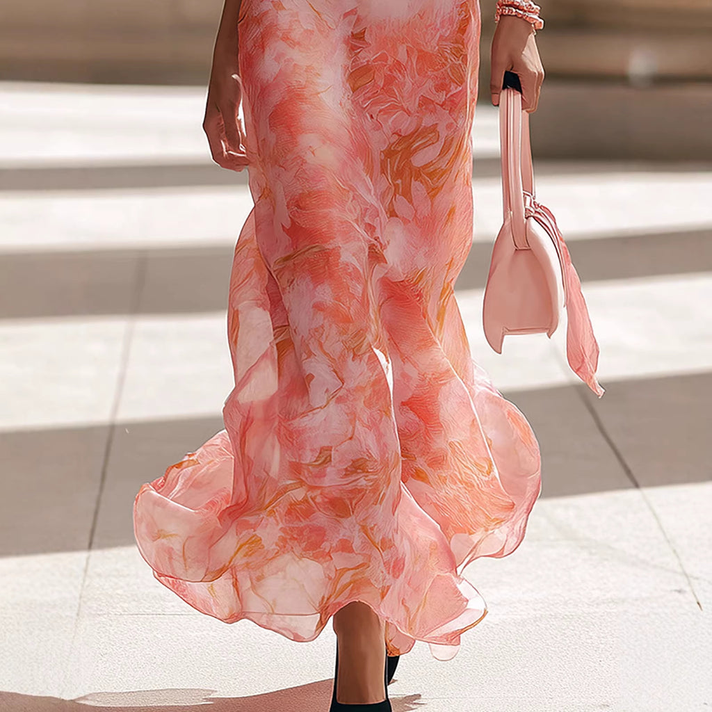 Polyester Women's Holiday Style Sleeveless Round Neck Printed Dress