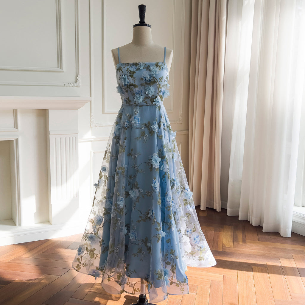 French-Style Elegant Spaghetti Strap Dress For Women With Mesh Three-Dimensional Floral Fairy Design, Waist-Cinching Long Dress 68750 + Cape Y468