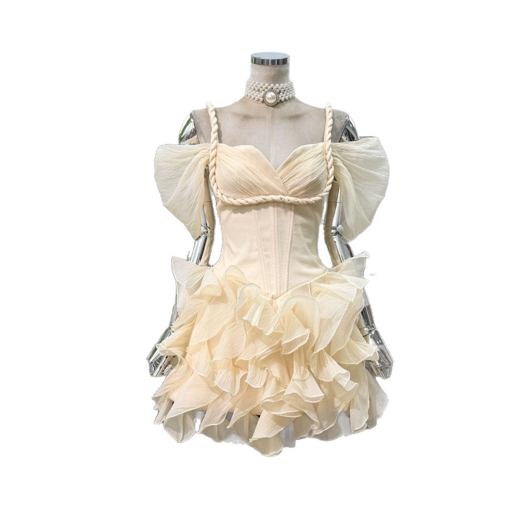 Backless Kelp-trimmed One-shoulder Hand-knit Twist Shoulder Strap Waist Dress With Shorts Of The Same Color