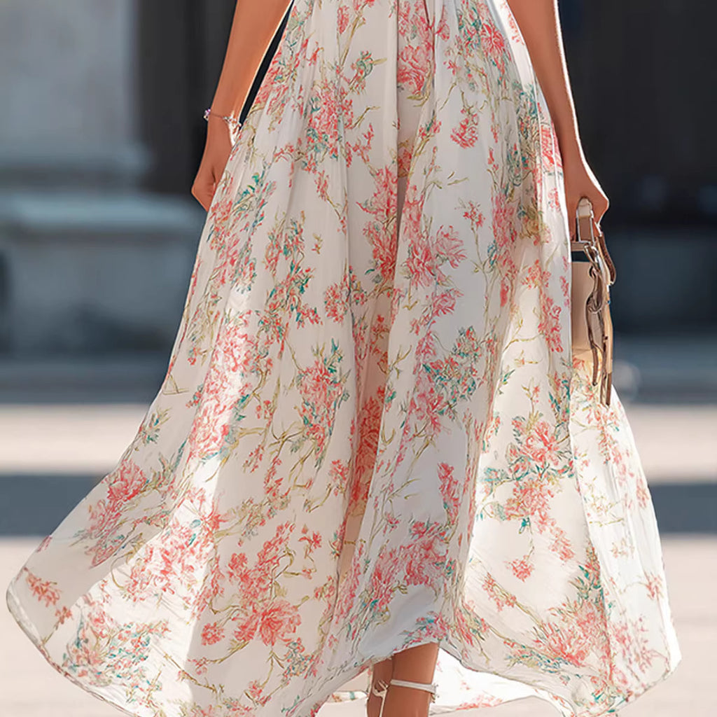 Polyster Halter Neck Floral Dress Women's French Style Waist Swing Dress
