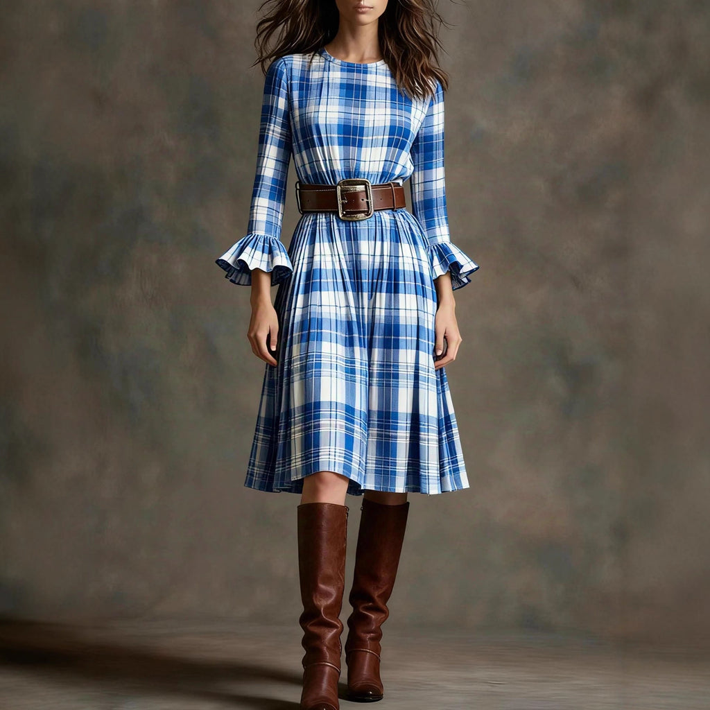 Polyester-spandex blend Women's French Retro Plaid Slimming Bell-Sleeve Dress Long Dress