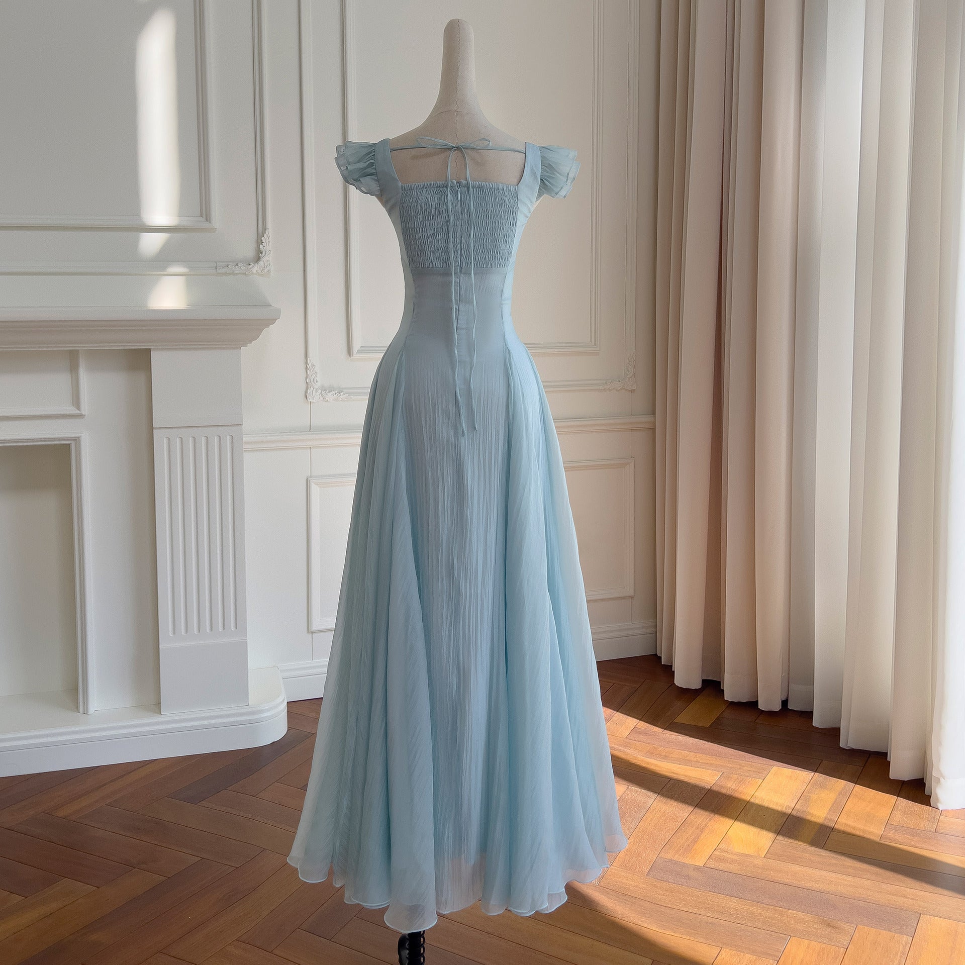 French Small Flying Sleeve Dress For Women Summer Blue Seaside Vacation Style Waist A-Line Elegant Long Skirt For Women 69155