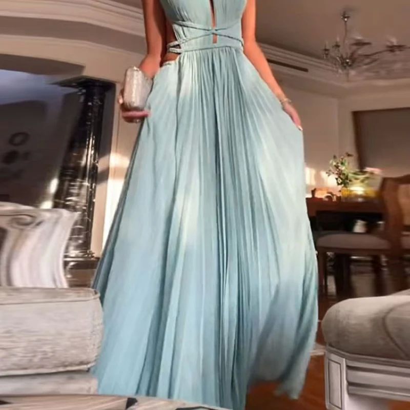 Polyester Pure Color Round Neck Sleeveless Backless Dress For Women
