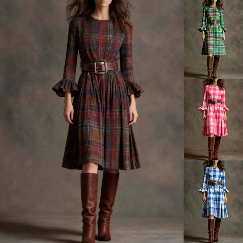 Polyester-spandex blend Women's French Retro Plaid Slimming Bell-Sleeve Dress Long Dress