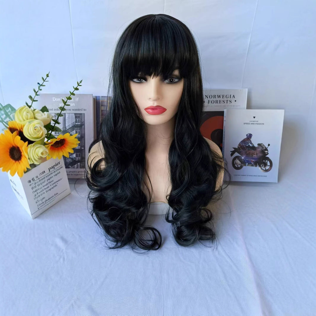 Women's Long Curly Hair Fluffy Natural Easy Care Black High Temperature Silk Chemical Fiber Wig Full Head Cover