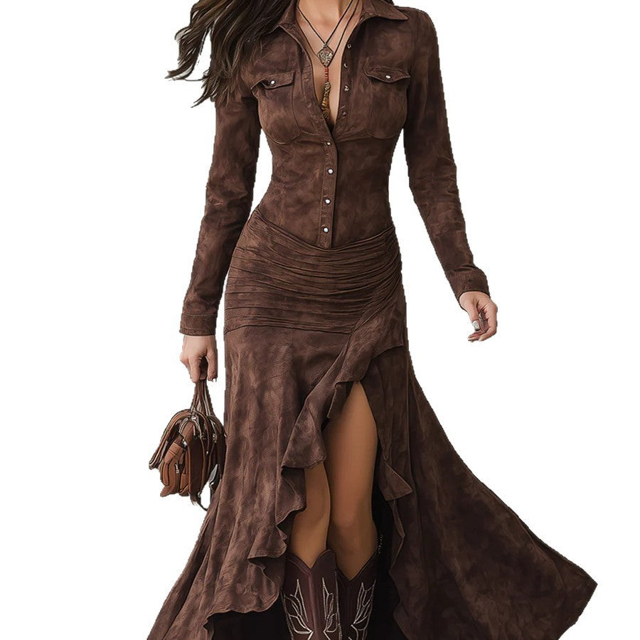 Suede Fabric Slim-Fit Zipper Stand-Up Collar Slit Long Dress