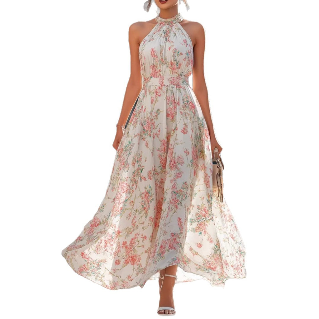 Polyster Halter Neck Floral Dress Women's French Style Waist Swing Dress