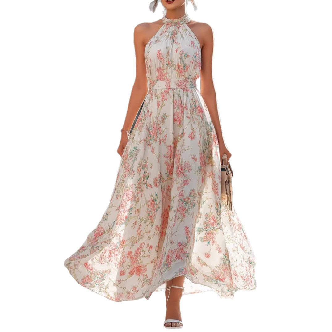 Polyster Halter Neck Floral Dress Women's French Style Waist Swing Dress