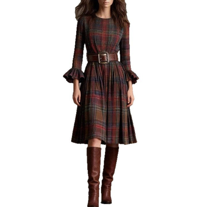 Polyester-spandex blend Women's French Retro Plaid Slimming Bell-Sleeve Dress Long Dress