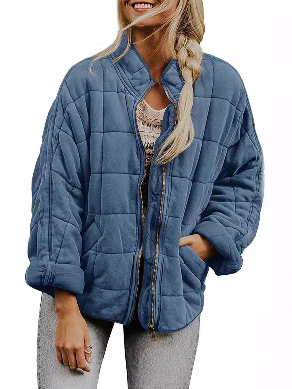 Silk-like fabric Cotton-padded Jacket 2024 European And American Women's Loose Long Sleeve Pocket Jacket