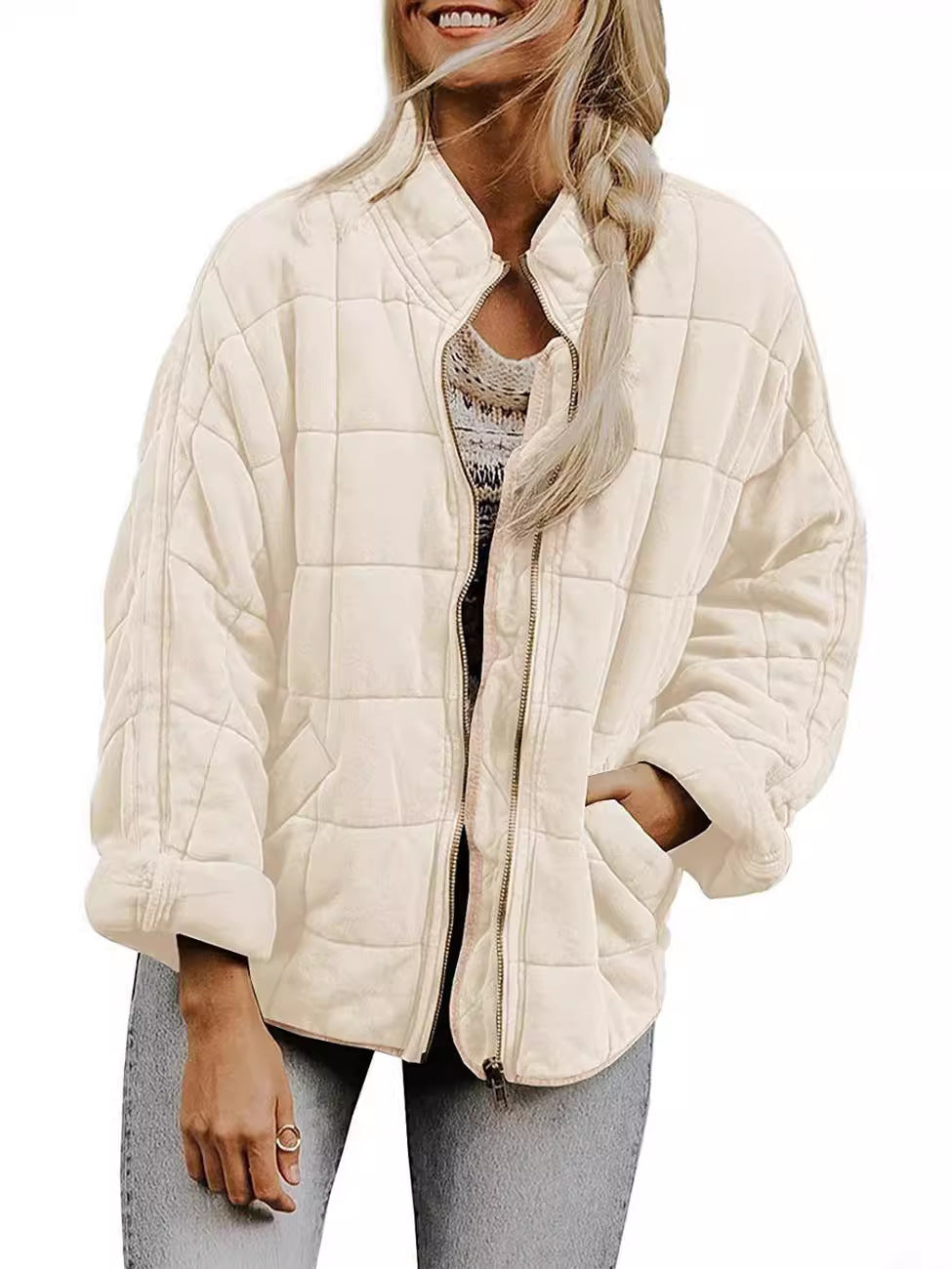 Silk-like fabric Cotton-padded Jacket 2024 European And American Women's Loose Long Sleeve Pocket Jacket