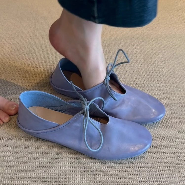 Soft Leather Flat Heel Two-wear Small Leather Shoes Women's Early Spring New Lace-up Hollow Round Toe Single Shoes