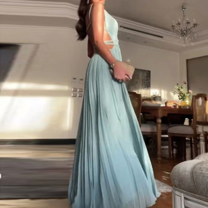 Polyester Pure Color Round Neck Sleeveless Backless Dress For Women