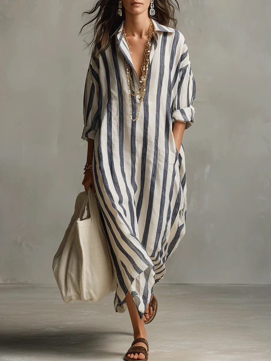 Polyester Fashion Loose V-neck Long Striped Summer Shirt Dress