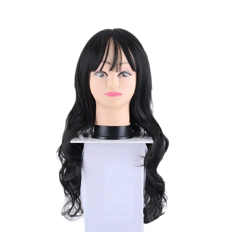 Women's Long Curly Hair Fluffy Natural Easy Care Black High Temperature Silk Chemical Fiber Wig Full Head Cover