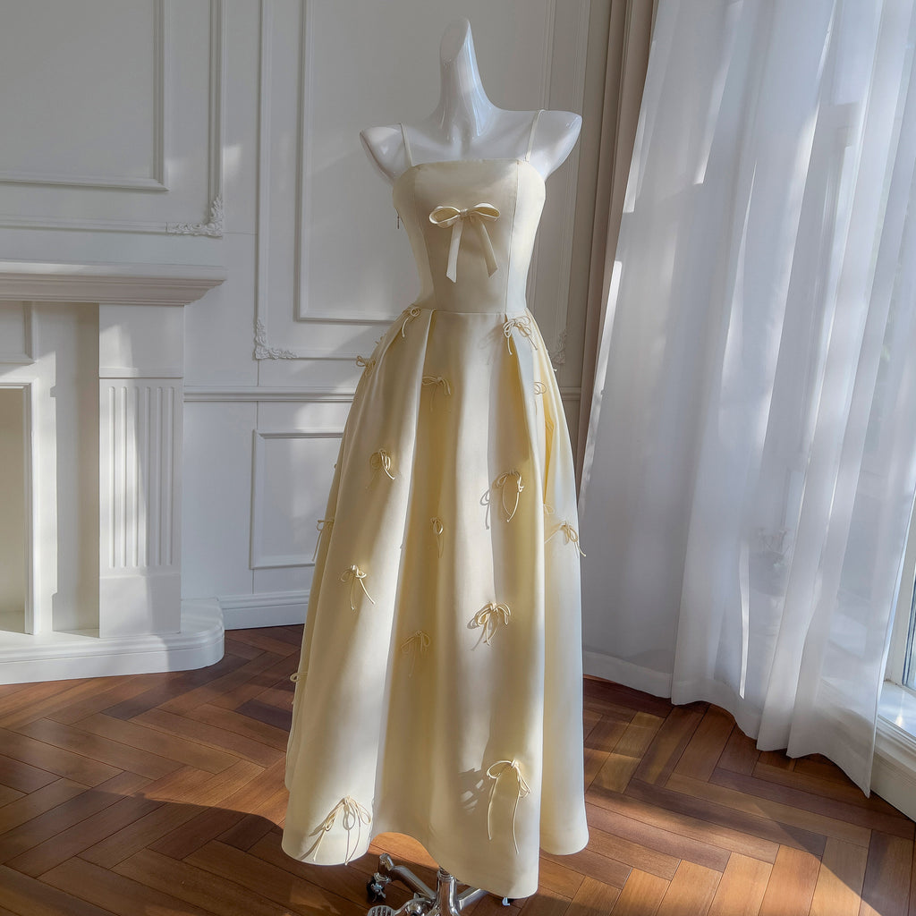 Strapless Engagement Dress, Morning Robe, Toast Dress, Satin Bow Fairy Dress, Strapless Suspender Dress 69377