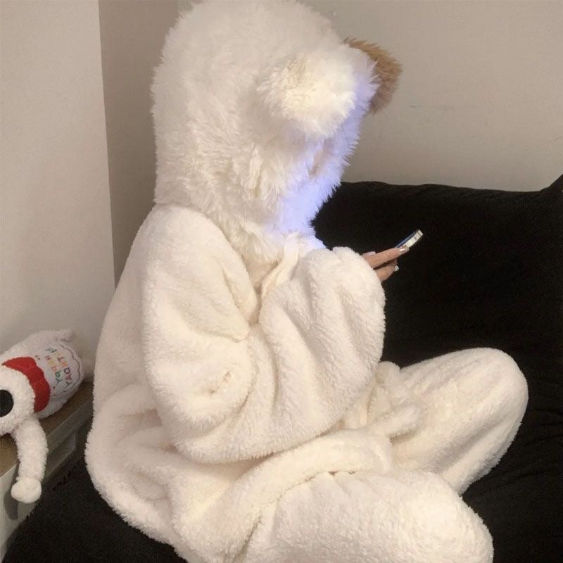 Soft And Waxy Coral Velvet Pajamas For Women, Sweet And Cute Winter Hooded Thickeneded Warm Home Clothes Set That Can Be Worn Outside