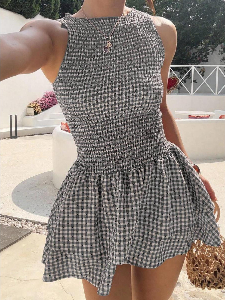 Vintage Grid Pattern Suspender Dress