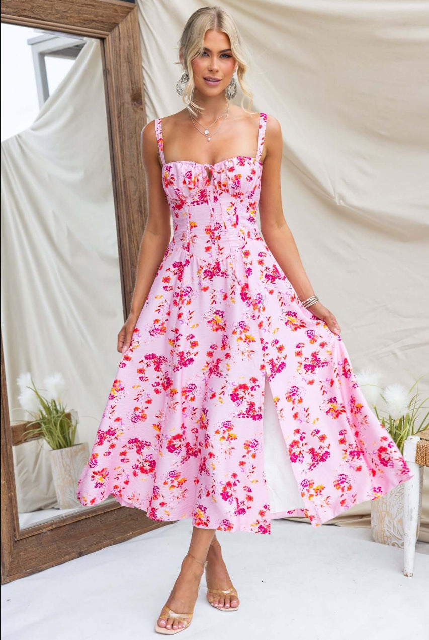 Women Fishbone Shaping Spaghetti Strap Slit Dress