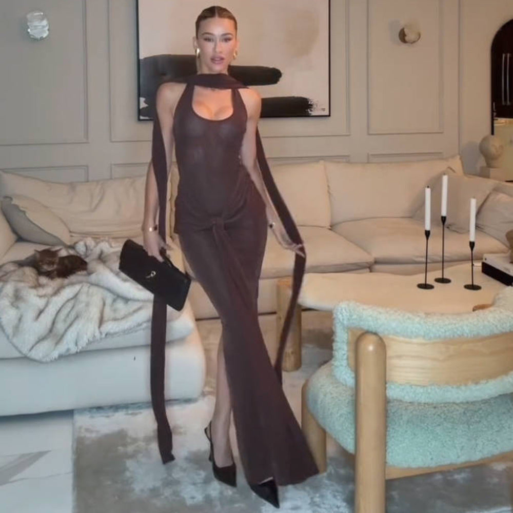 Womens Coffee Brown Spliced Long Dress