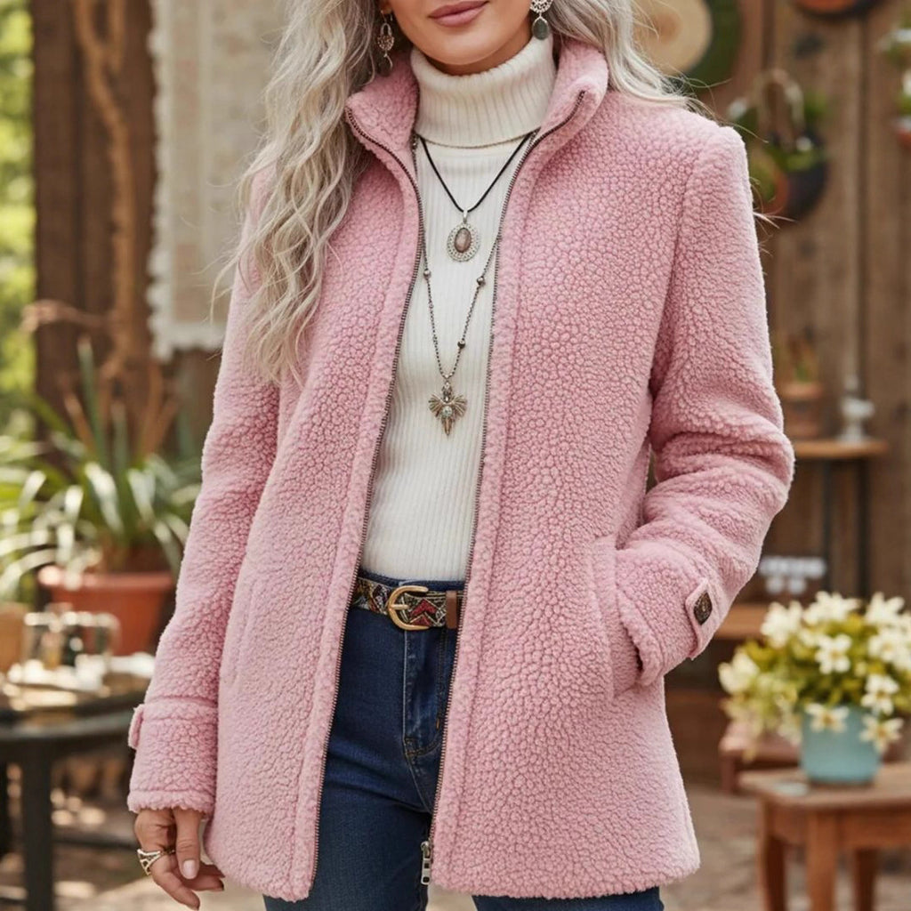 Womens Stand Collar Loose Fit Polar Fleece Zip Up Jacket