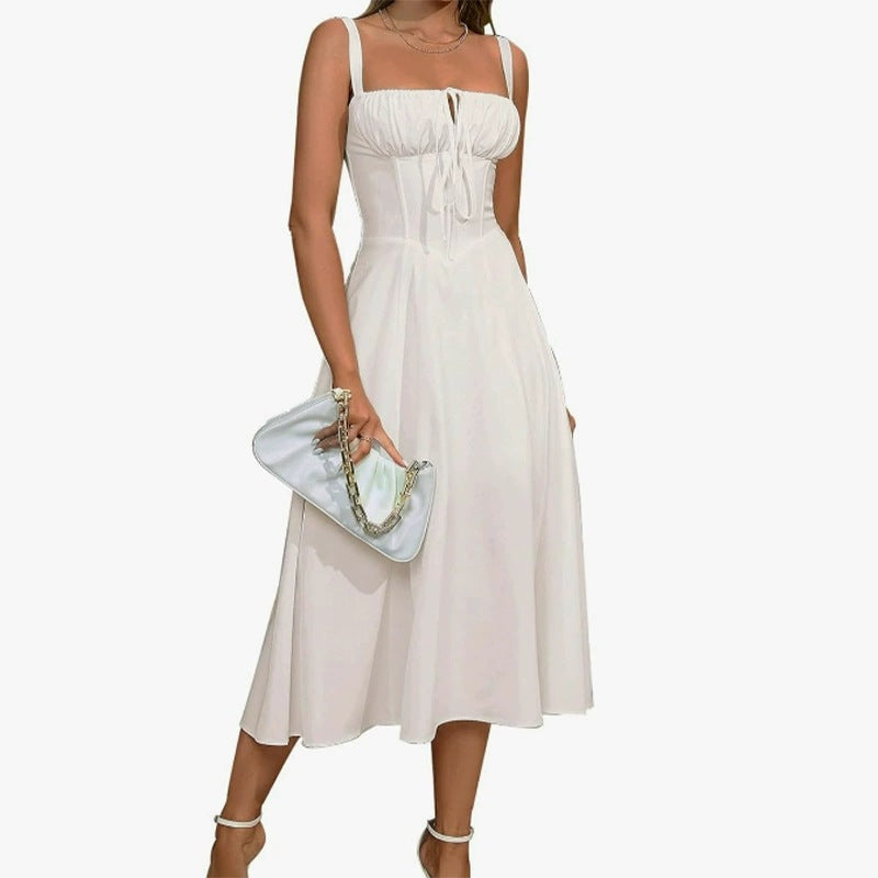 Women Fishbone Shaping Spaghetti Strap Slit Dress