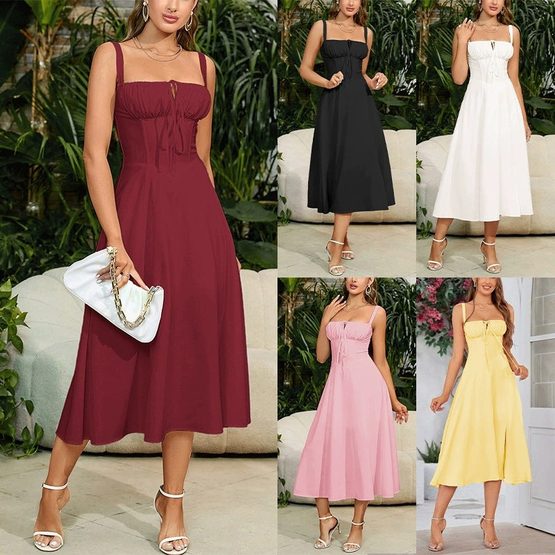 Women Fishbone Shaping Spaghetti Strap Slit Dress