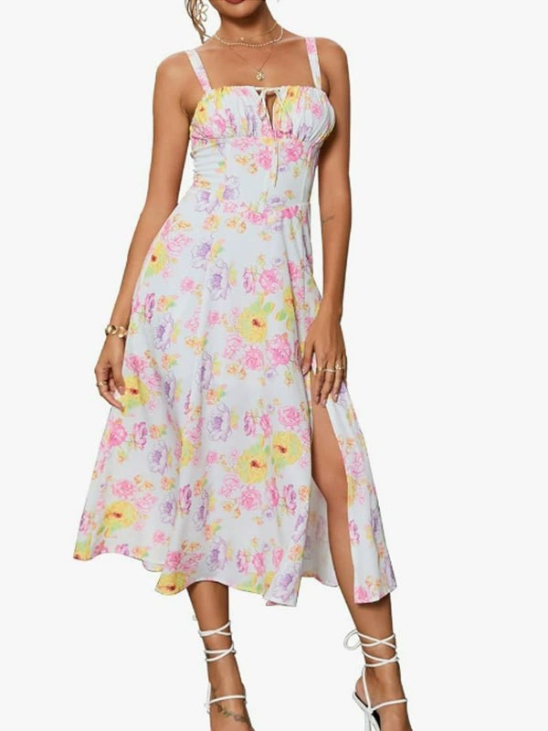 Women Fishbone Shaping Spaghetti Strap Slit Dress